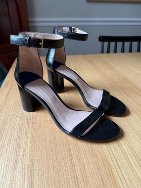 Stuart Weitzman Black Leather Ankle-Strap Block Heel Sandals